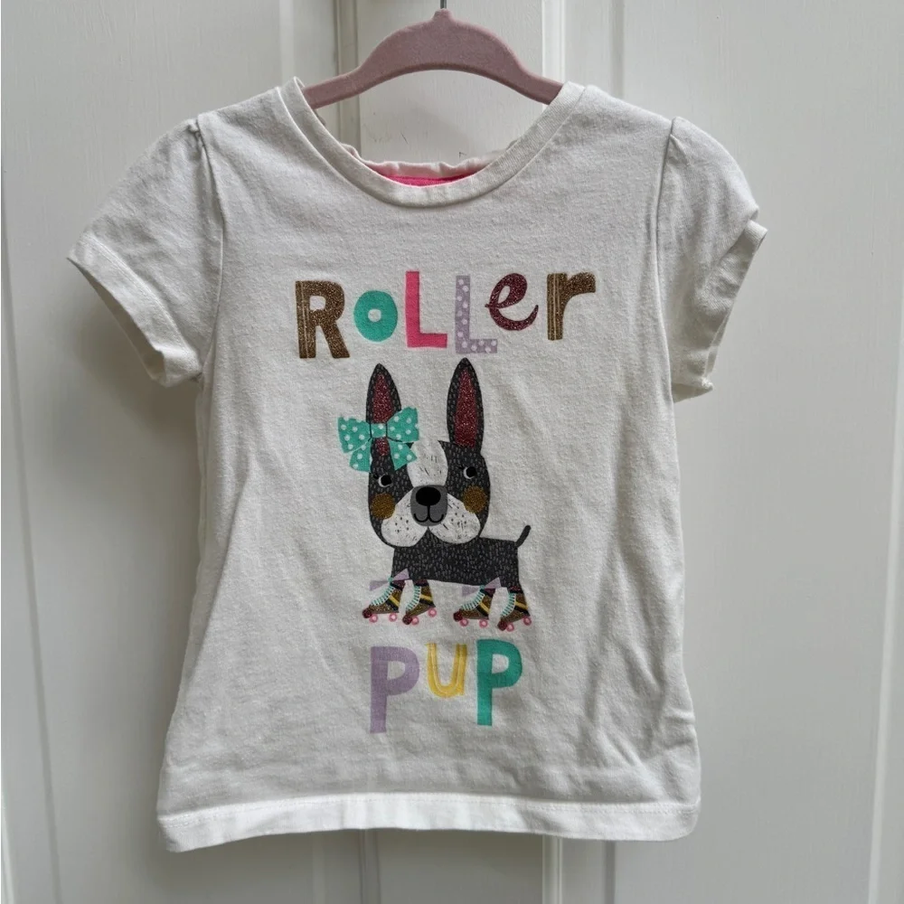 GAP 3T Girls White Multicolor Roller Pup Short Sleeve Tee Shirt Blouse